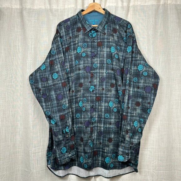 Visconti Black Long Sleeve Button Down Shirt Mens 3XLT Plaid Floral Print Cotton - Picture 1 of 11